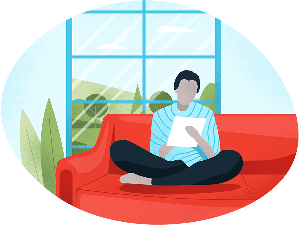 Illustration: Person in their home reading on the couch